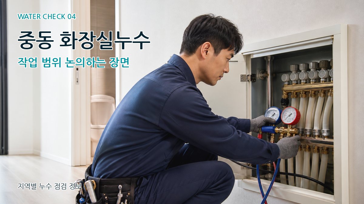 중동 화장실누수 작업 범위 논의하는 장면